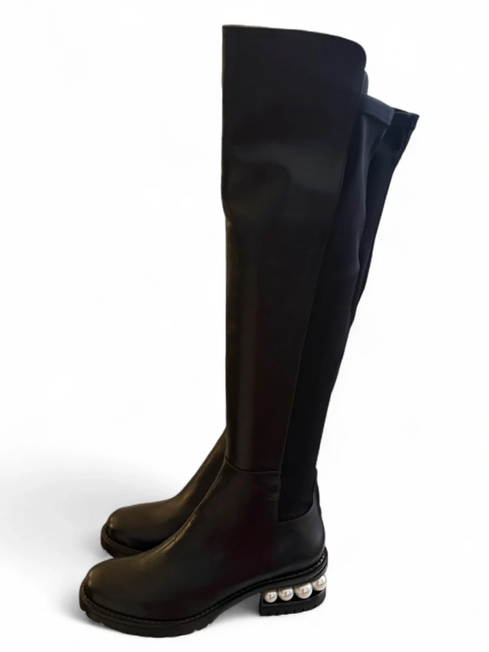 Vinci Valeria Pearl-Accent Over-the-Knee Leather Black Boots